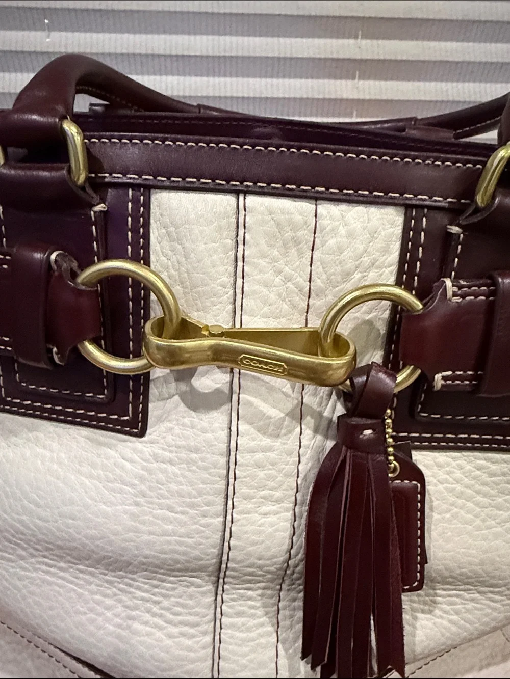 Coach Cream Leather Shoulder Bag with Dark Brown Trim and Gold Hardware